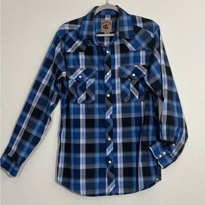 Blue plaid western snap button shirt M